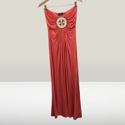 New Sky Strapless Maxi Dress Coral Orange Beaded Medallion Large